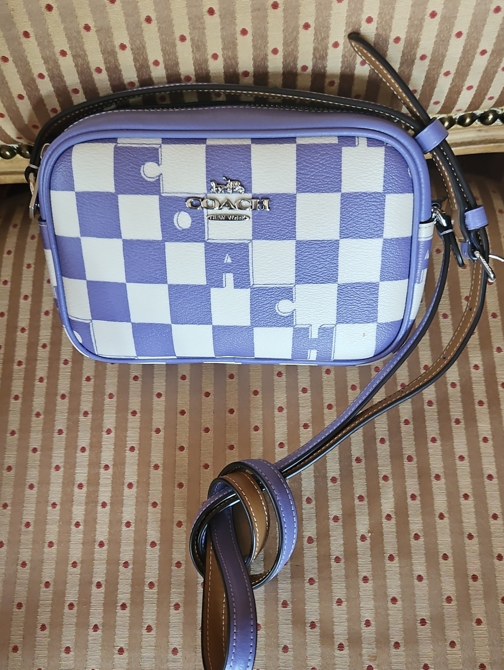 Coach Lavender & White Jamie Checker Crossbody Camera Bag